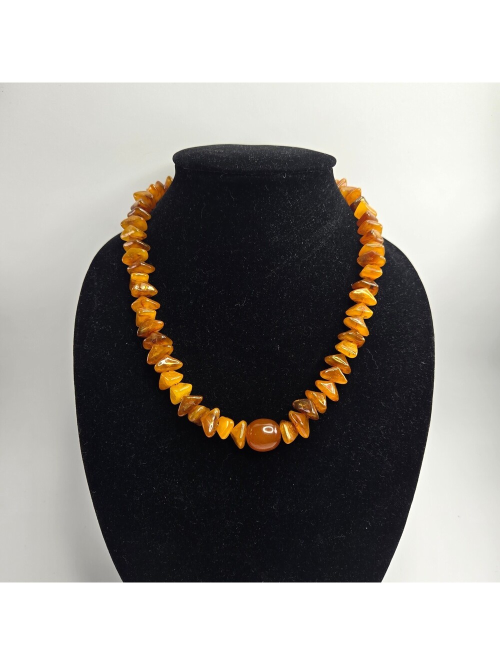 Vintage Baltic Amber Chip Necklace Honey Cognac Center Bead Polished 1980s